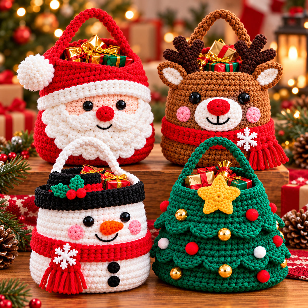 4 Christmas Gift Bag Crochet Patterns Bundle PDF – Santa, Reindeer, Snowman & Tree