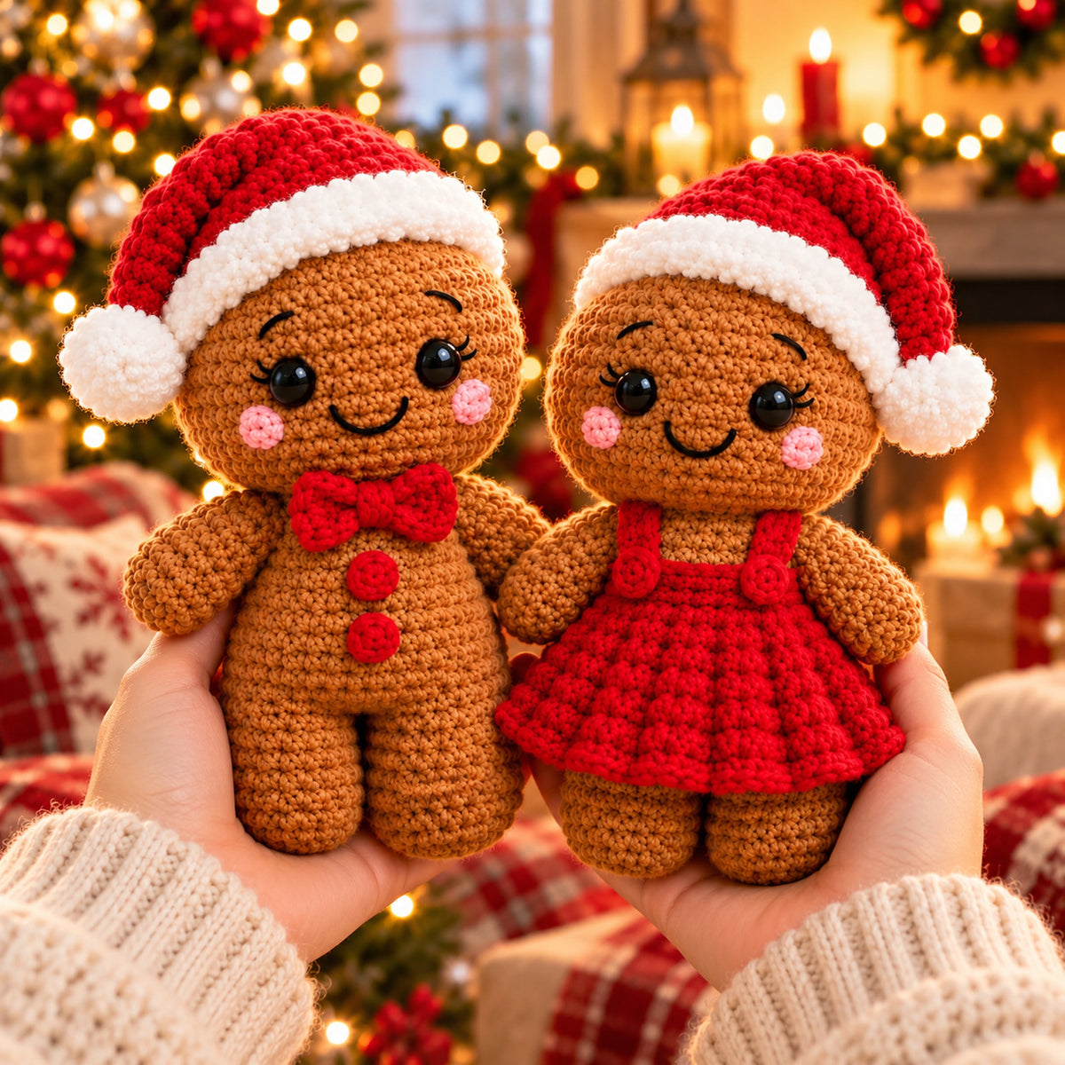 2 Gingerbread Christmas Doll Crochet Patterns PDF – Boy & Girl Santa Hat Couple