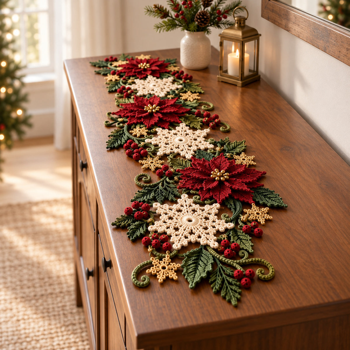 Christmas Poinsettia Snowflake Table Runner Crochet Pattern PDF – 68–72 in Holiday Centerpiece