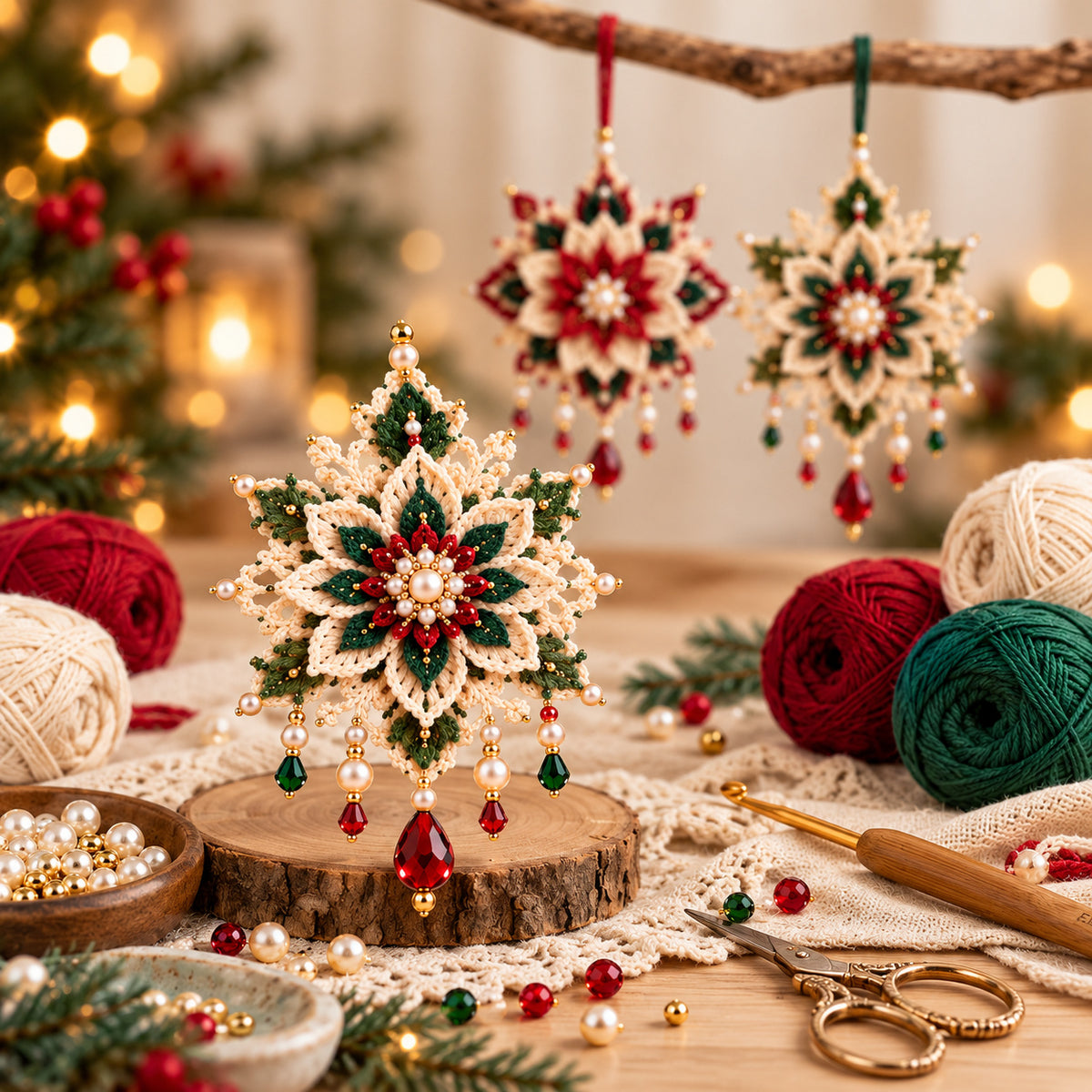 Poinsettia Crochet Ornament Pattern PDF – Set of 3 Beaded Christmas Flowers
