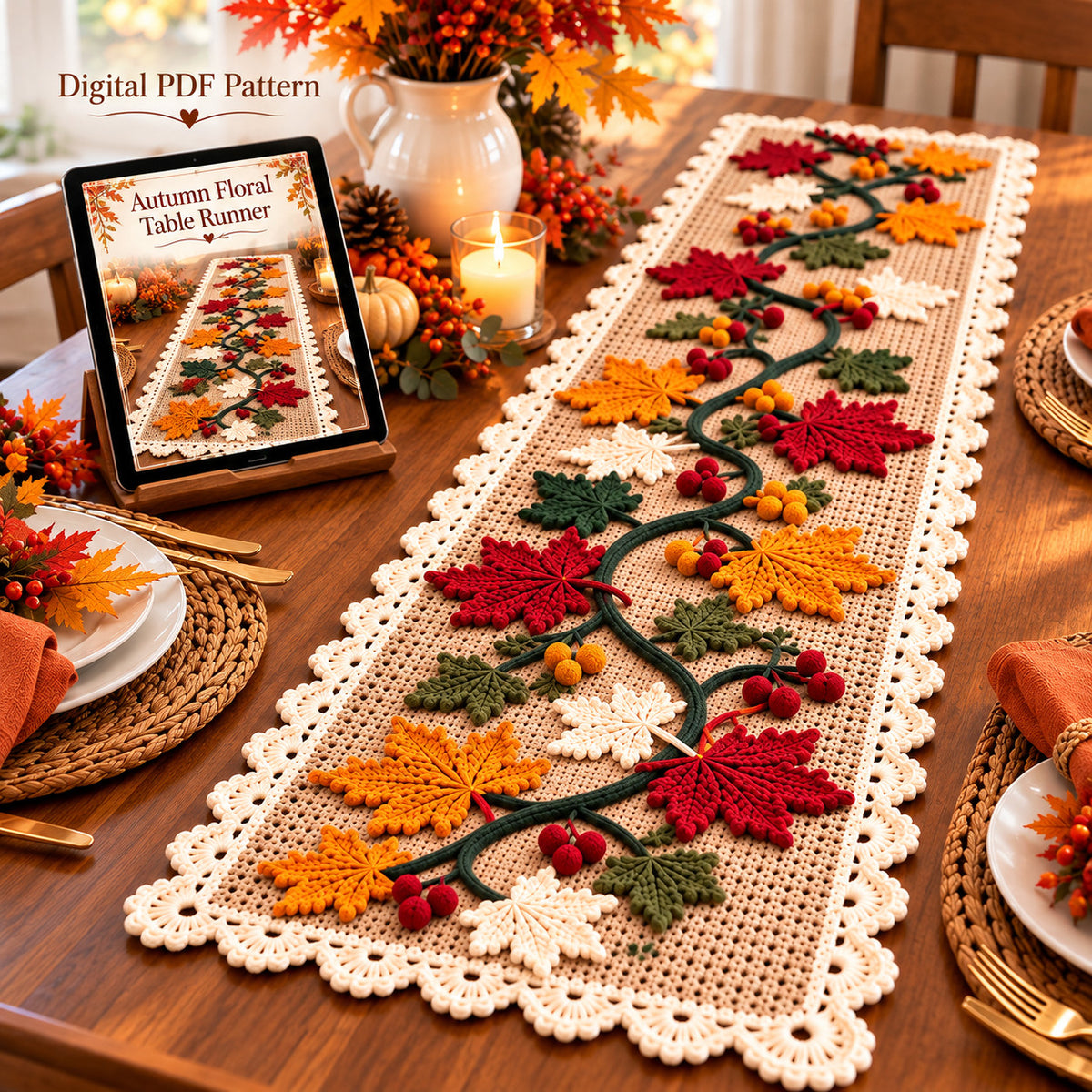 Crochet Maple Leaf Table Runner – Handmade Fall & Thanksgiving Decor