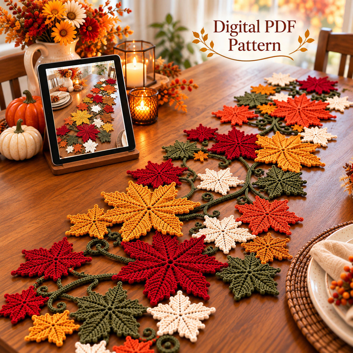Maple Leaf Crochet Table Runner Pattern PDF – Fall & Thanksgiving Decor