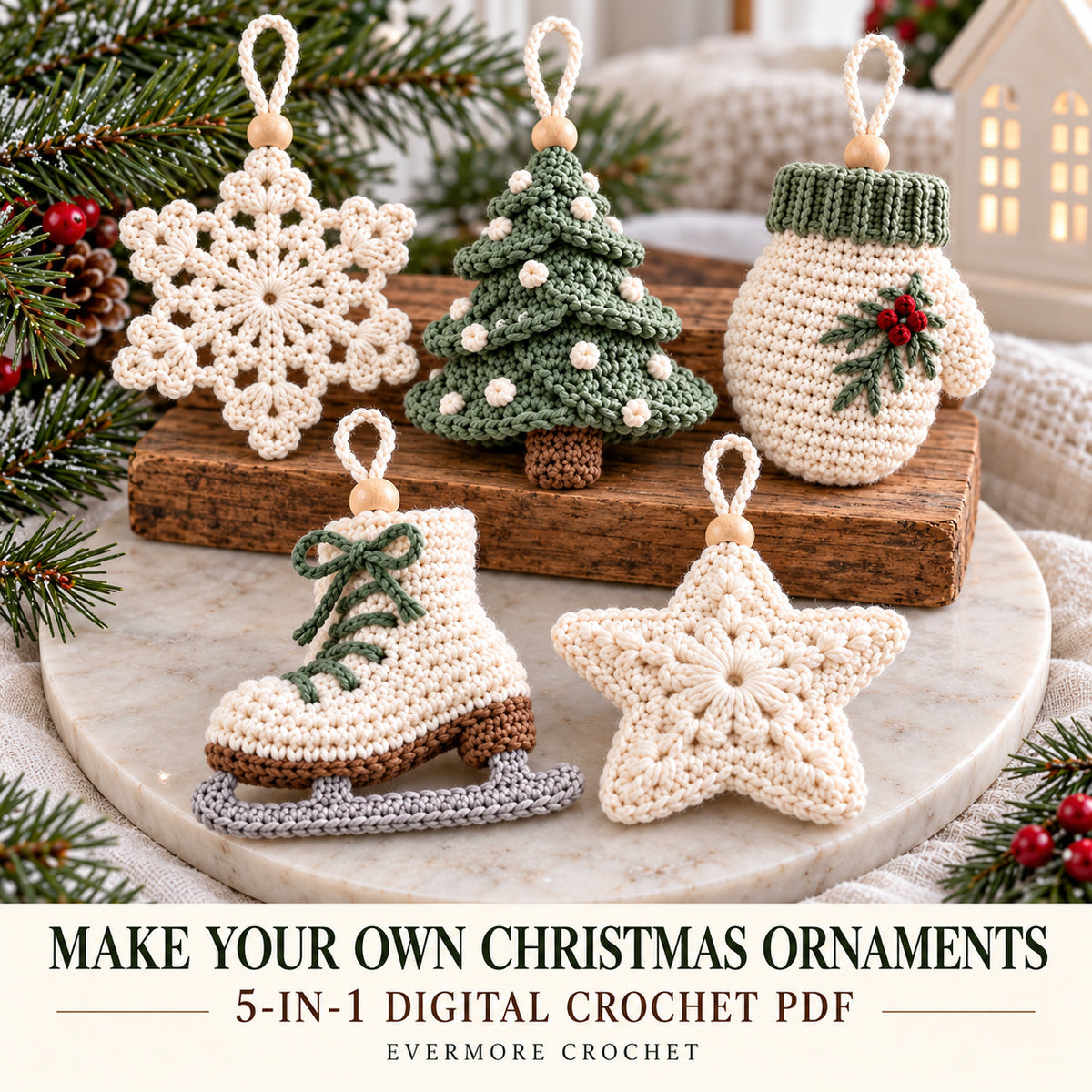 5 Christmas Ornament Crochet Patterns PDF – Snowflake, Tree, Star, Mitten & Ice Skate