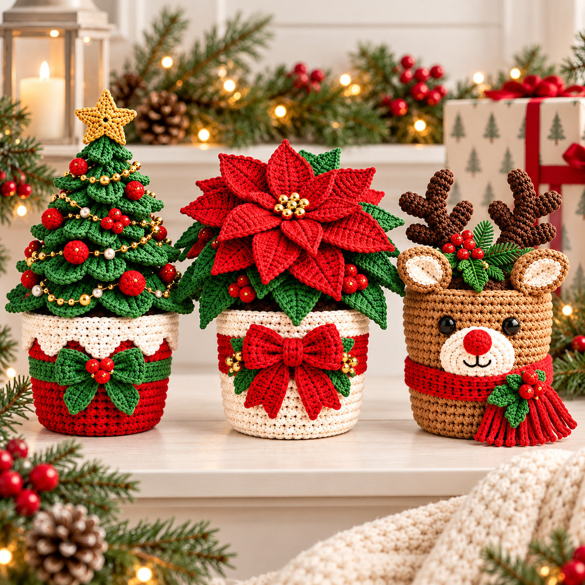 3 Christmas Crochet Pot Patterns Bundle PDF – Tree, Poinsettia & Reindeer