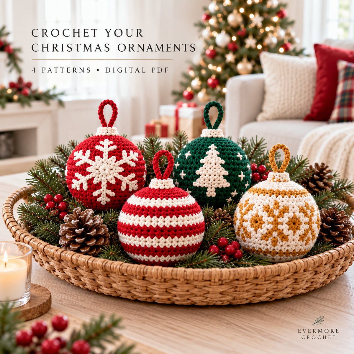 4 Christmas Bauble Crochet Patterns PDF – Snowflake, Tree, Striped & Gold Ornaments