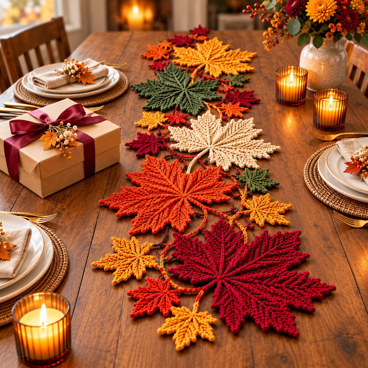 Maple Leaf Crochet Table Runner Pattern PDF – Autumn Botanical Vine Decor