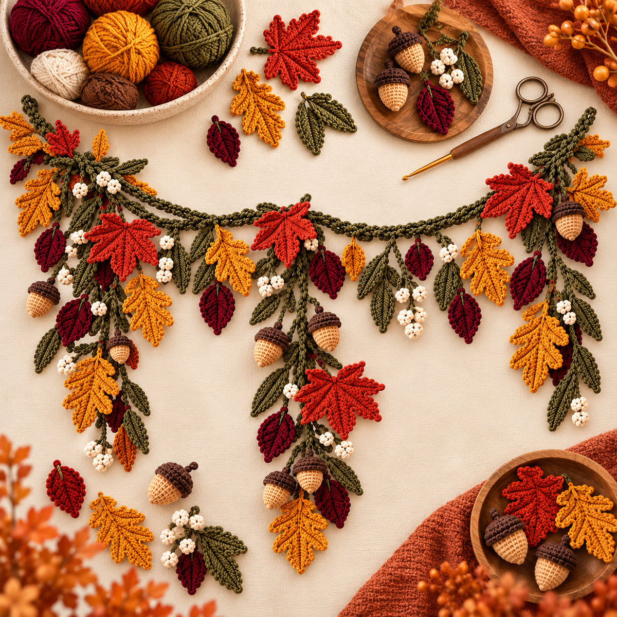 Crochet Fall Garland Pattern PDF – Maple Leaves, Acorns & Autumn Mantel Decor