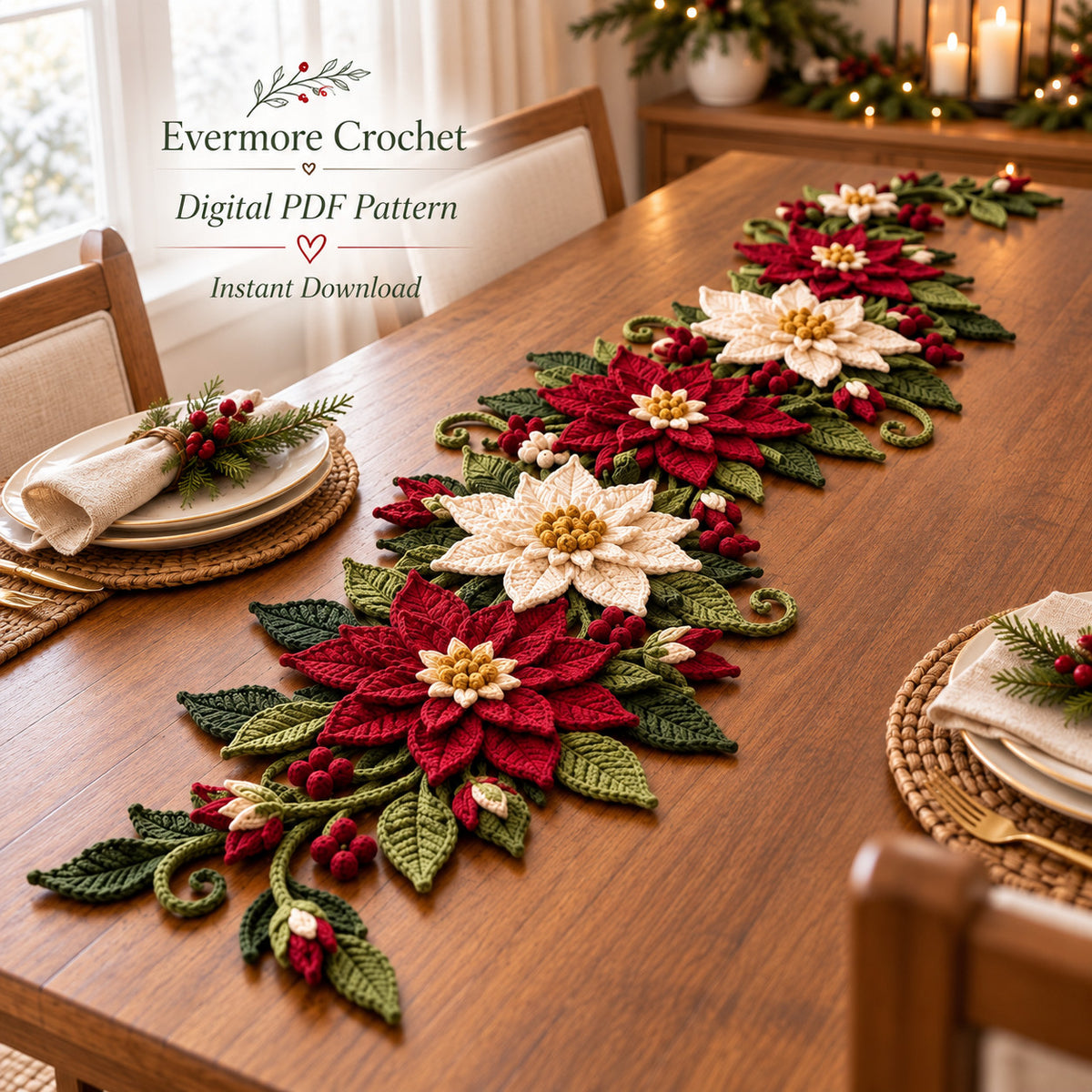 Poinsettia Snowflake Crochet Table Runner Pattern PDF – Christmas Decor
