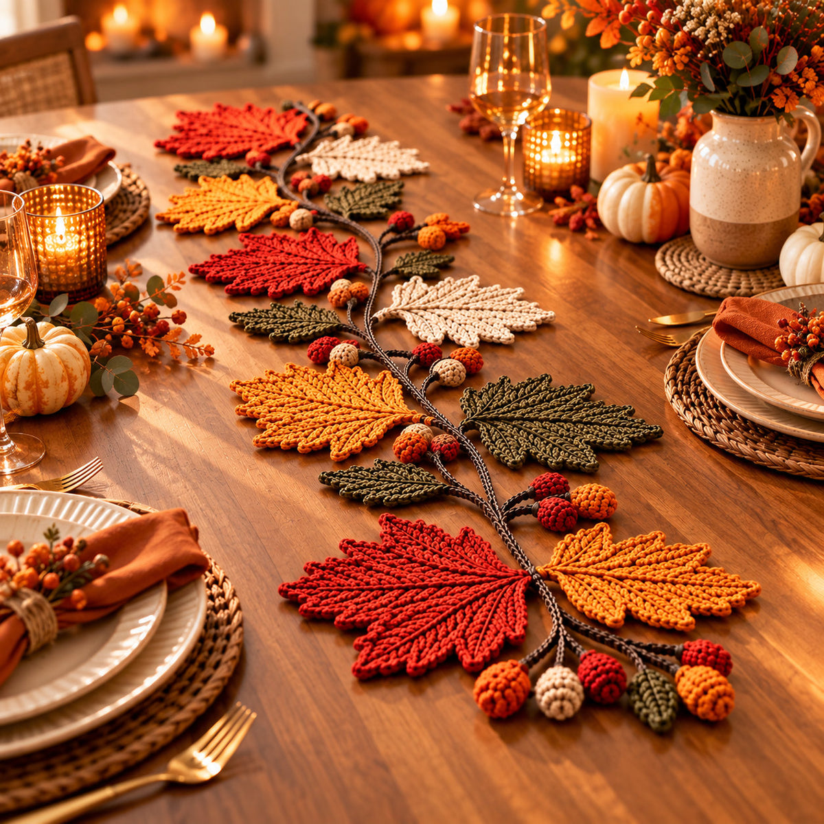 Autumn Maple Leaf Table Runner Crochet Pattern PDF – 6 Coasters Included