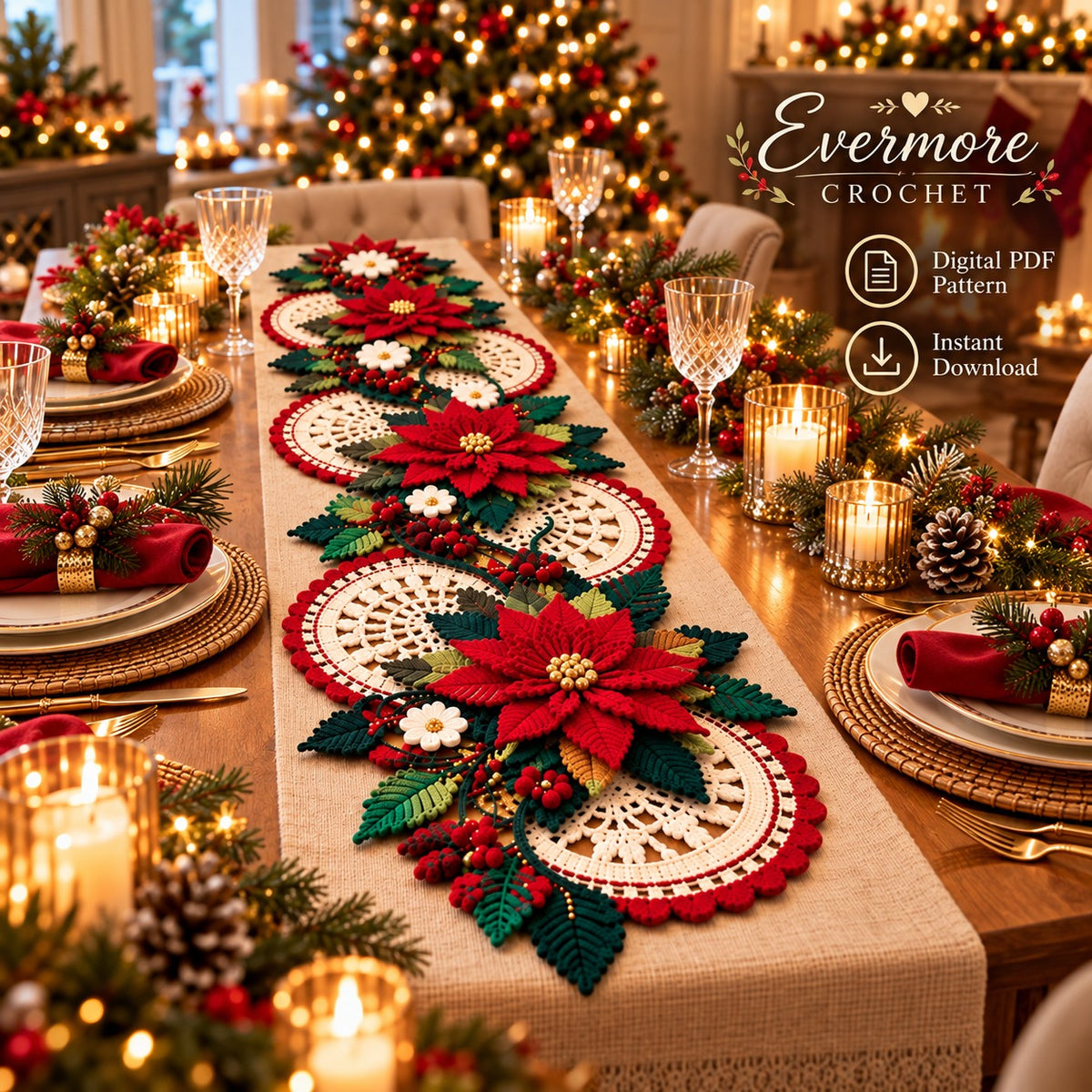 Christmas Poinsettia Table Runner Crochet Pattern PDF – 3D Floral Centerpiece
