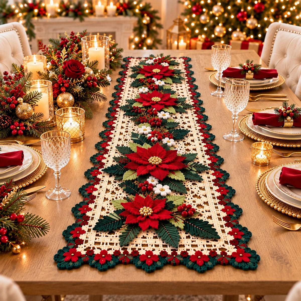 Crochet Poinsettia Table Runner Pattern – Dimensional Christmas Floral PDF