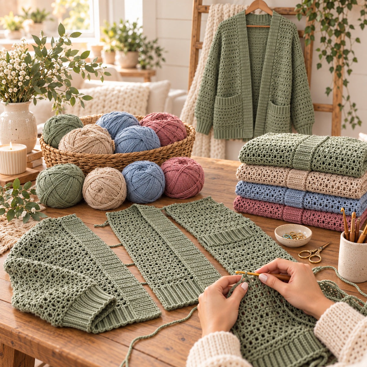 Willow Crochet Cardigan Pattern PDF – Open Front with Pockets, XS–3XL