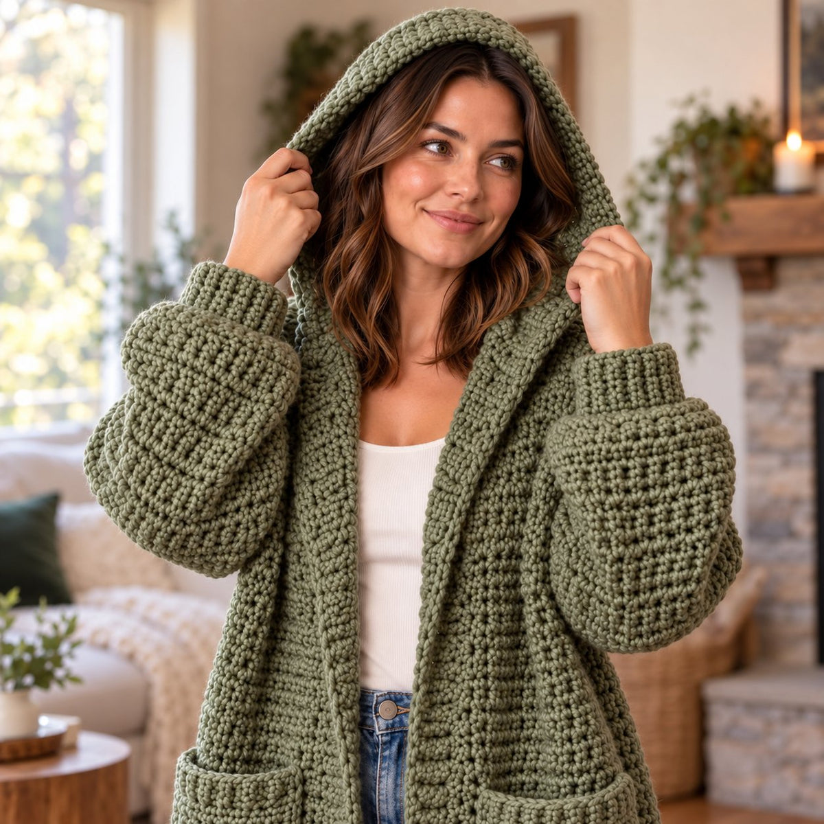 Crochet Hooded Cardigan Pattern PDF – Chunky Textured Oversized Pocket Sweater