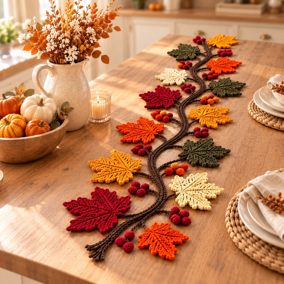 Autumn Maple Leaf Table Runner Crochet Pattern PDF – Fall Vine & Berry Decor