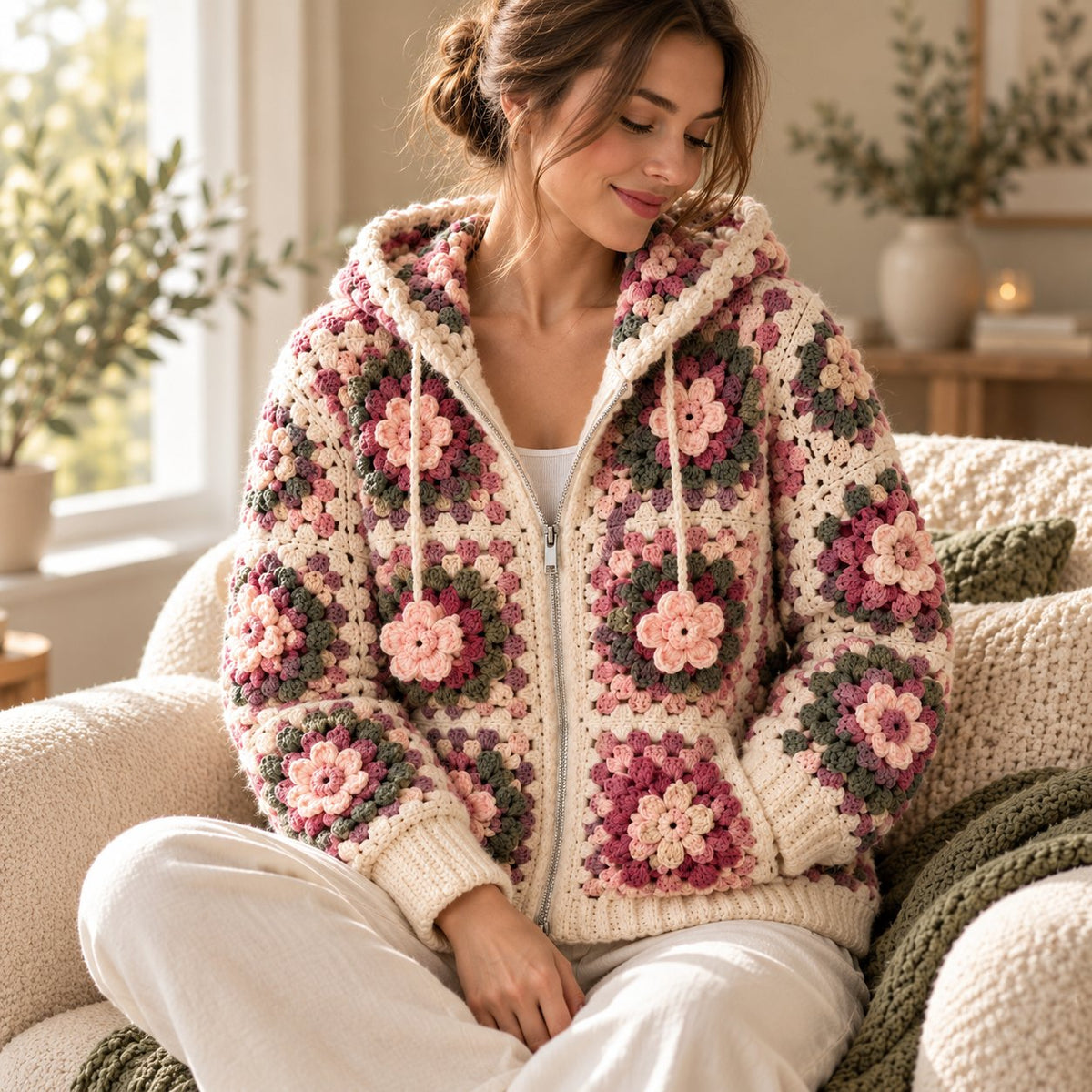 3D Flower Granny Square Hoodie Crochet Pattern – Oversized Zip-Up Cardigan PDF
