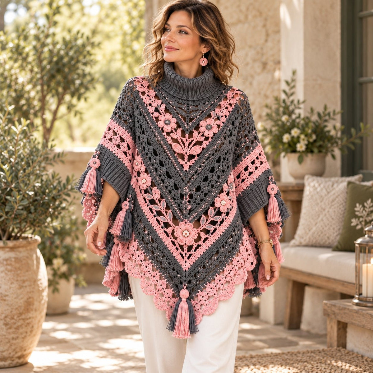 Floral Crochet Poncho Pattern PDF – Boho Cape with 3D Flowers & Tassel Fringe