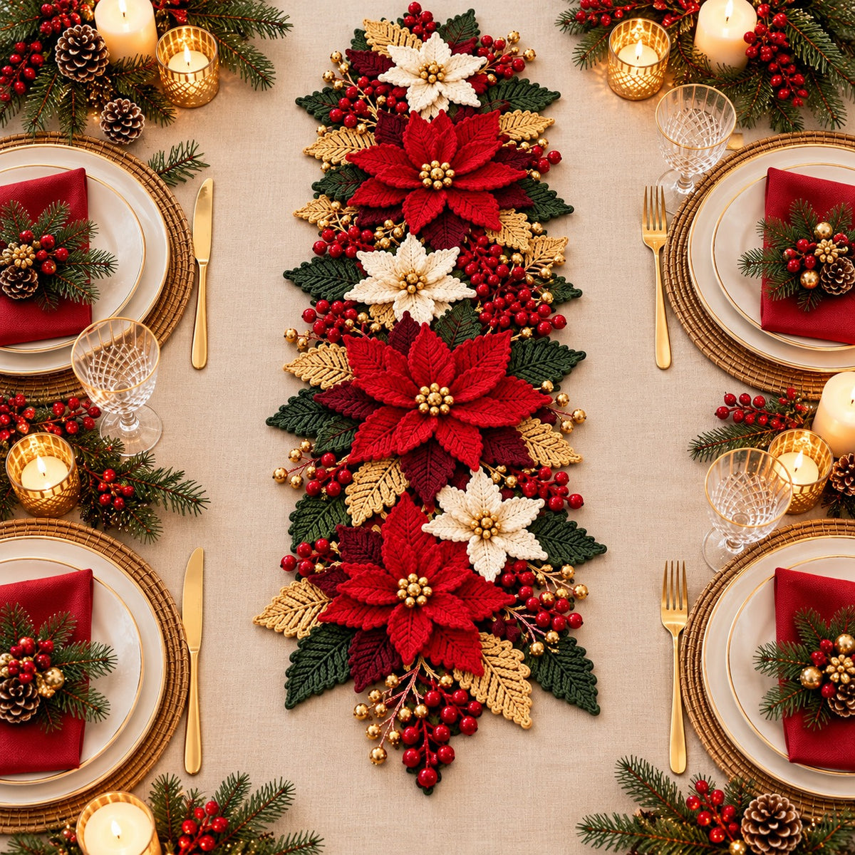 Crochet Poinsettia Table Runner Pattern PDF – Christmas Floral Centerpiece