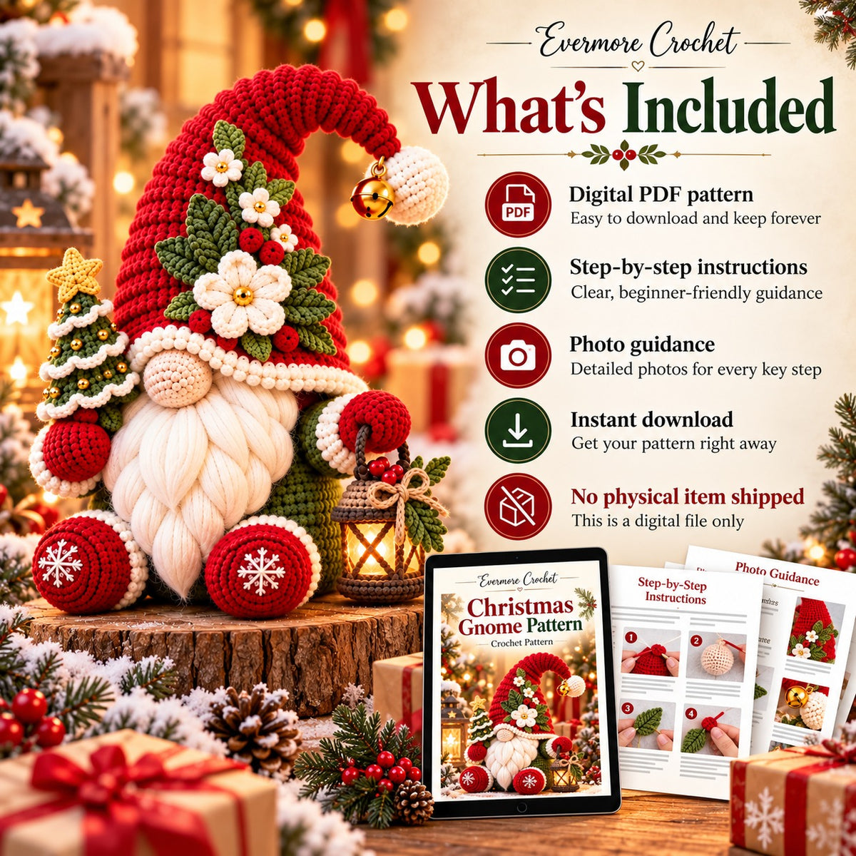 Christmas Gnome Crochet Pattern PDF – Lantern, Mini Tree & Flower Hat