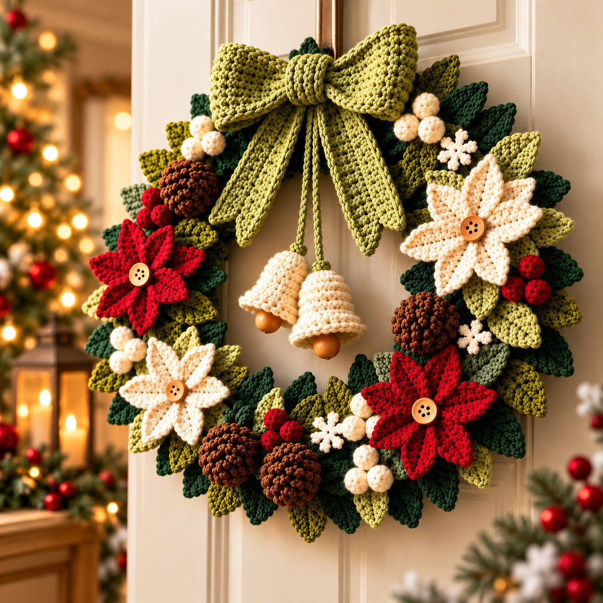 Crochet Christmas Wreath Pattern PDF – Poinsettia Holiday Door Decor