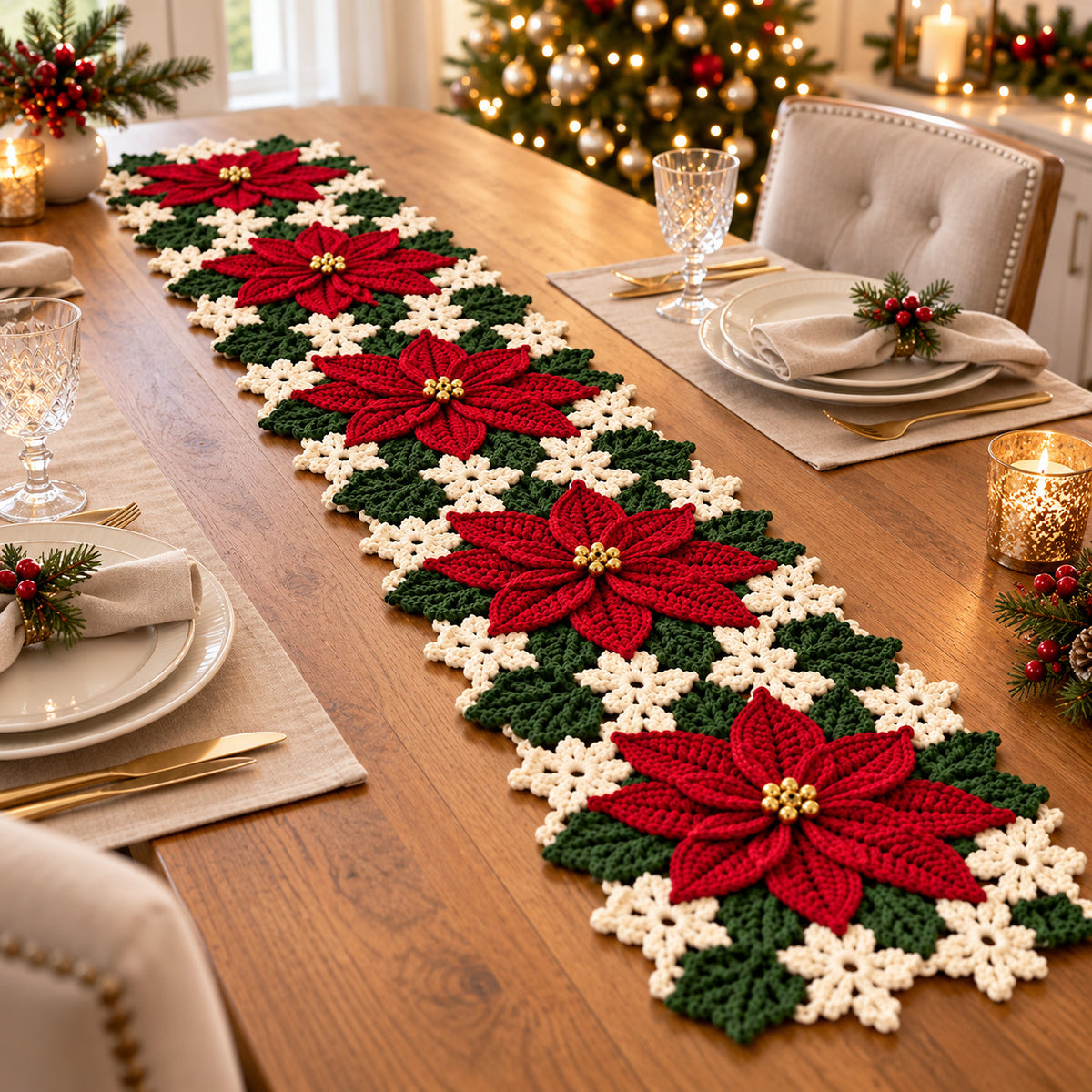 Poinsettia Table Runner Crochet Pattern PDF – Christmas Floral Table Decor