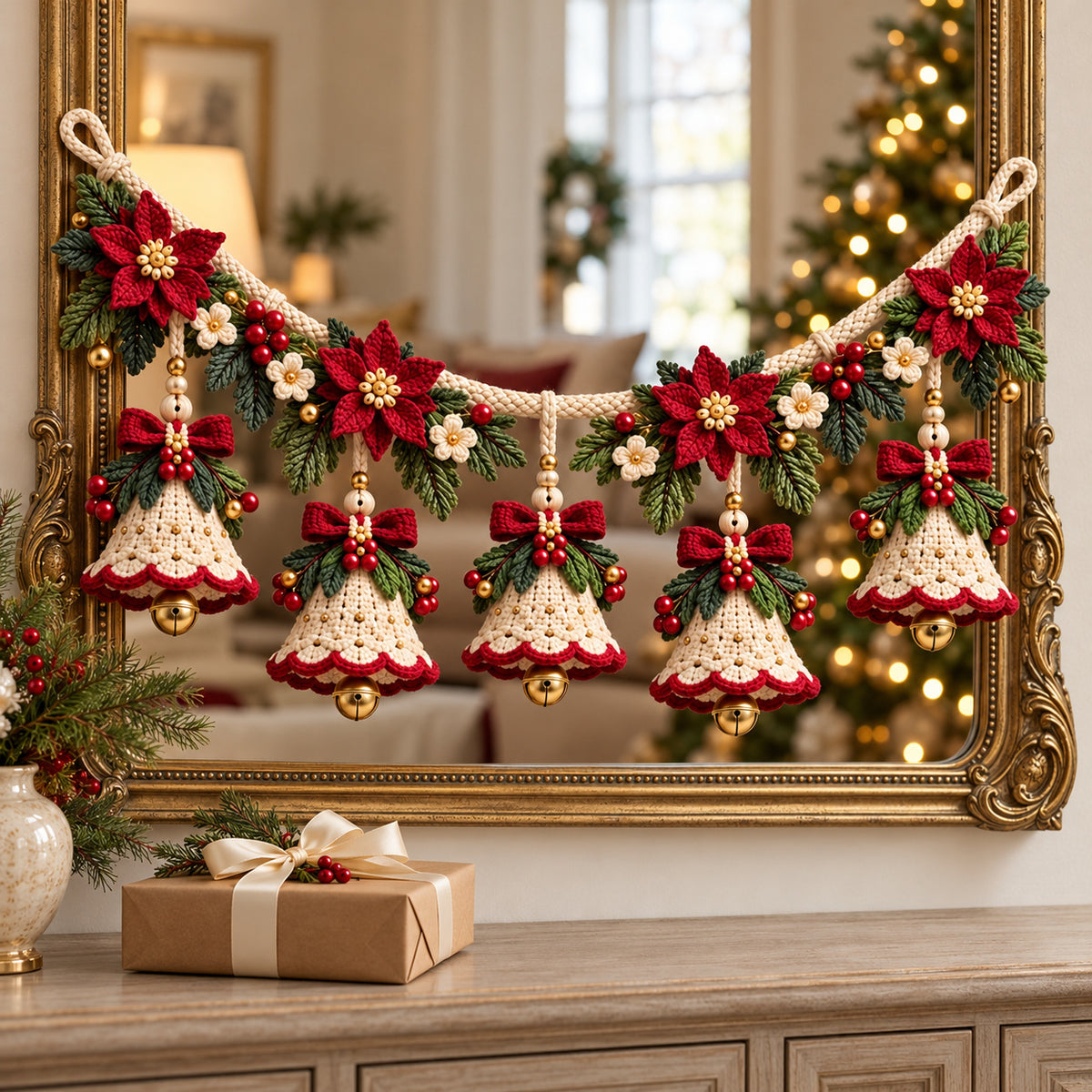 Christmas Bell Garland Crochet Pattern PDF – Poinsettia Holiday Decor
