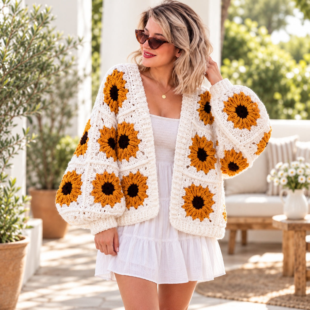 Sunflower Granny Square Cardigan Crochet Pattern PDF – Oversized Floral Jacket