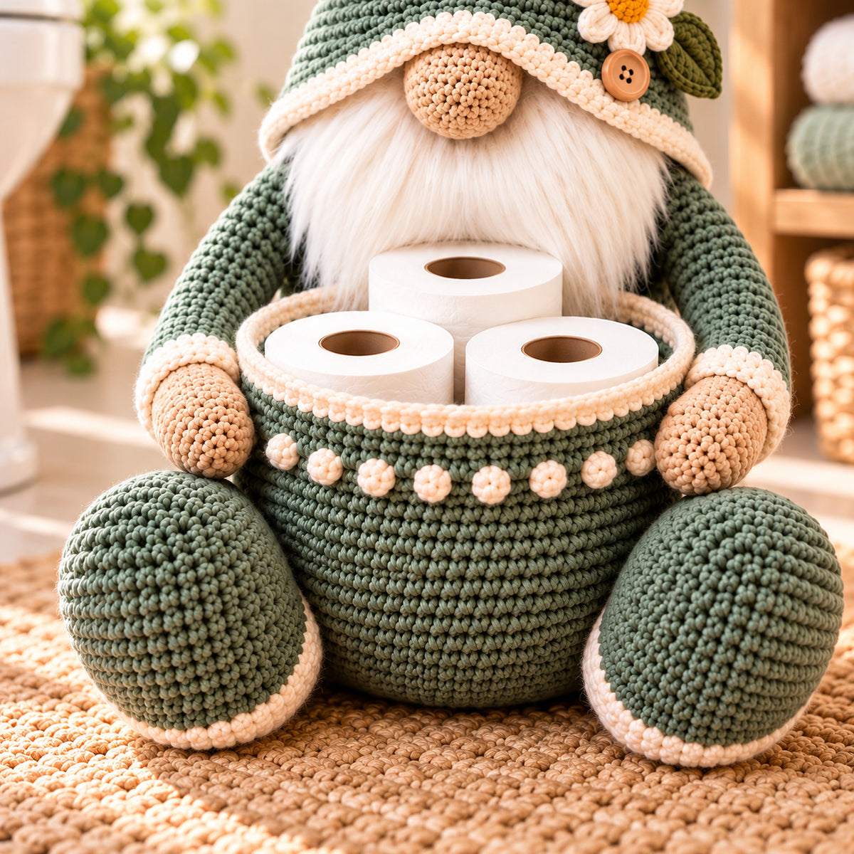 Gnome Toilet Paper Holder Crochet Pattern PDF – Bathroom Storage Basket