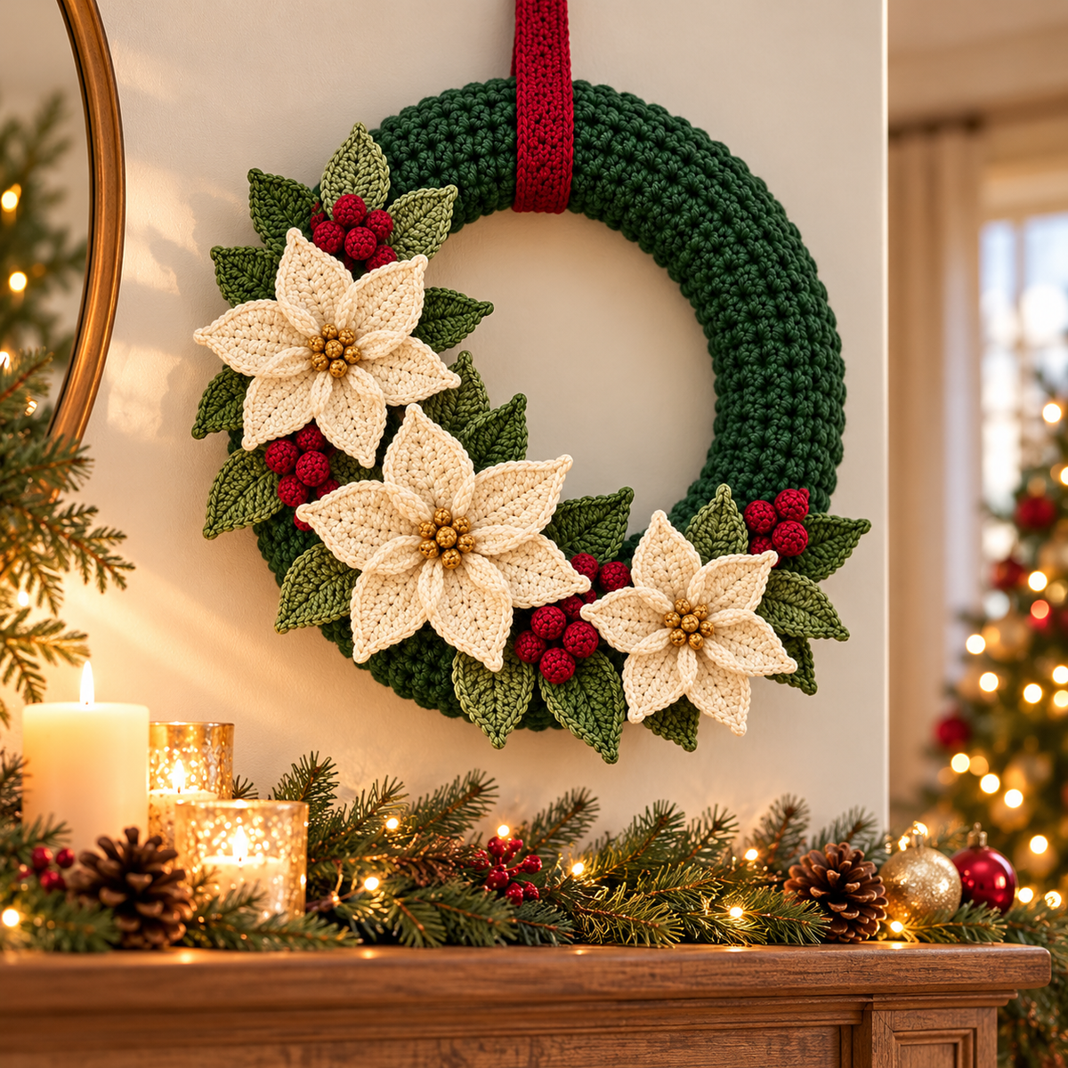 Christmas Crochet Wreath Pattern PDF – Poinsettias & Berries, 14-Inch Base