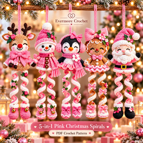 5 Christmas Spiral Ornament Crochet Patterns Bundle PDF – Reindeer, Snowman, Penguin, Gingerbread & Santa
