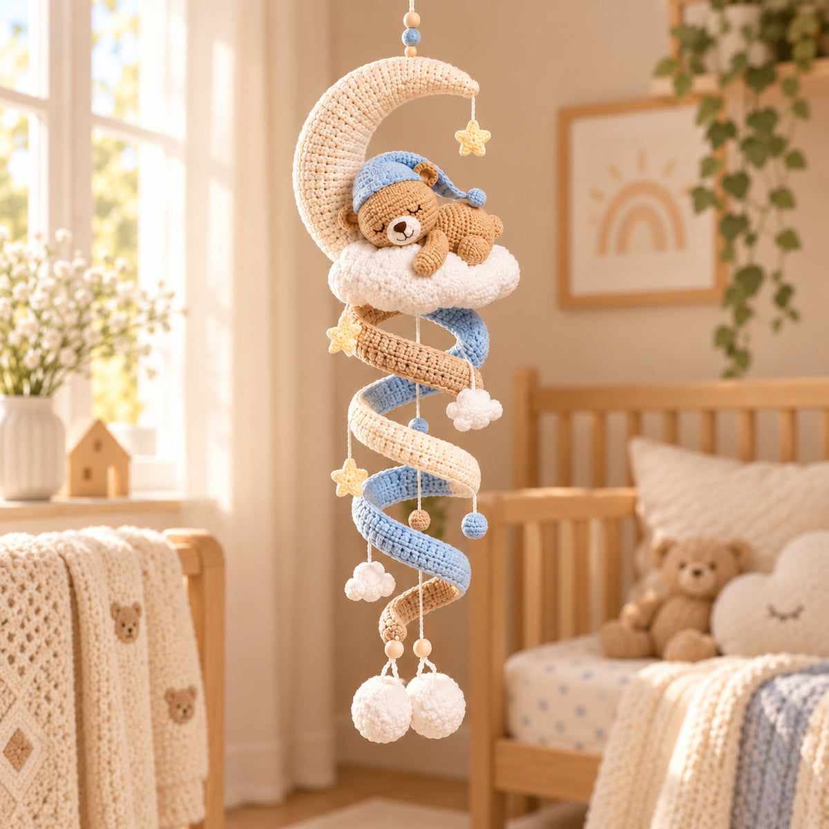 Sleeping Teddy Bear Moon Crochet Pattern PDF – Cloud Spiral Hanging Decor