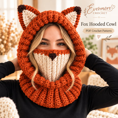 Fox Hooded Cowl Crochet Pattern PDF – Chunky Fox Ear Balaclava, Adult Size