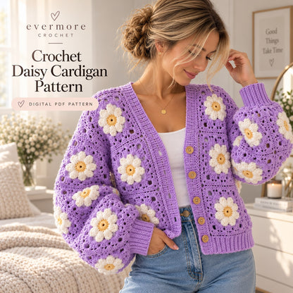 Lavender Daisy Granny Square Cardigan Crochet Pattern PDF – XS–5XL