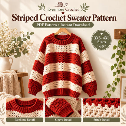 Striped Crochet Sweater Pattern PDF – Oversized Pullover 3XS–4XL