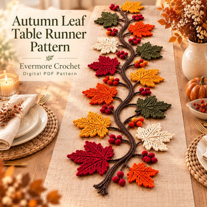 Autumn Maple Leaf Table Runner Crochet Pattern PDF – Fall Vine & Berry Decor