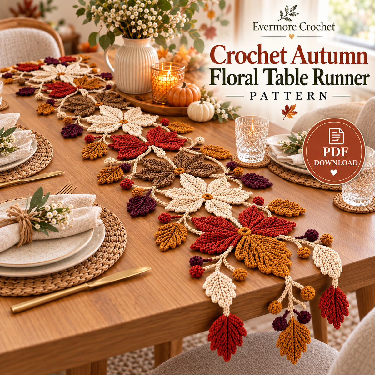 Crochet Autumn Floral Table Runner Pattern PDF | Fall Leaf & Berry Decor
