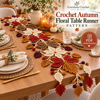 Crochet Autumn Floral Table Runner Pattern PDF | Fall Leaf & Berry Decor