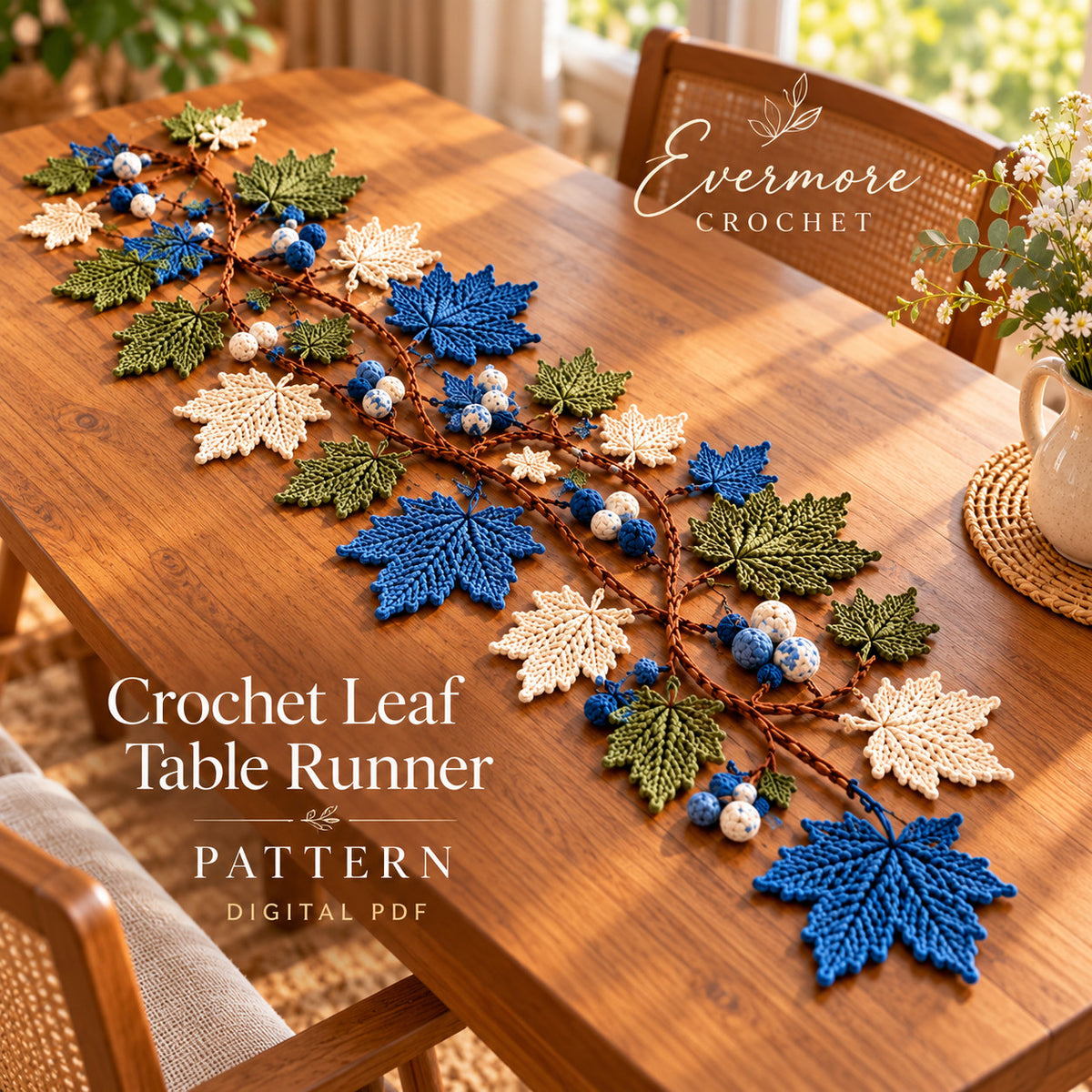 Handmade Crochet Maple Leaf Table Runner – Blue, Olive & Cream Fall Decor
