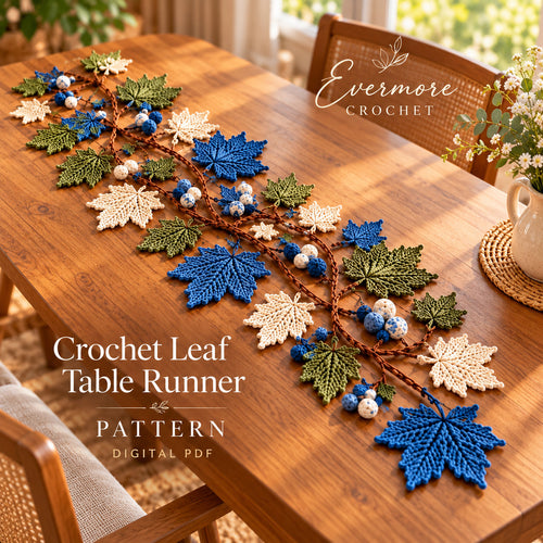 Handmade Crochet Maple Leaf Table Runner – Blue, Olive & Cream Fall Decor