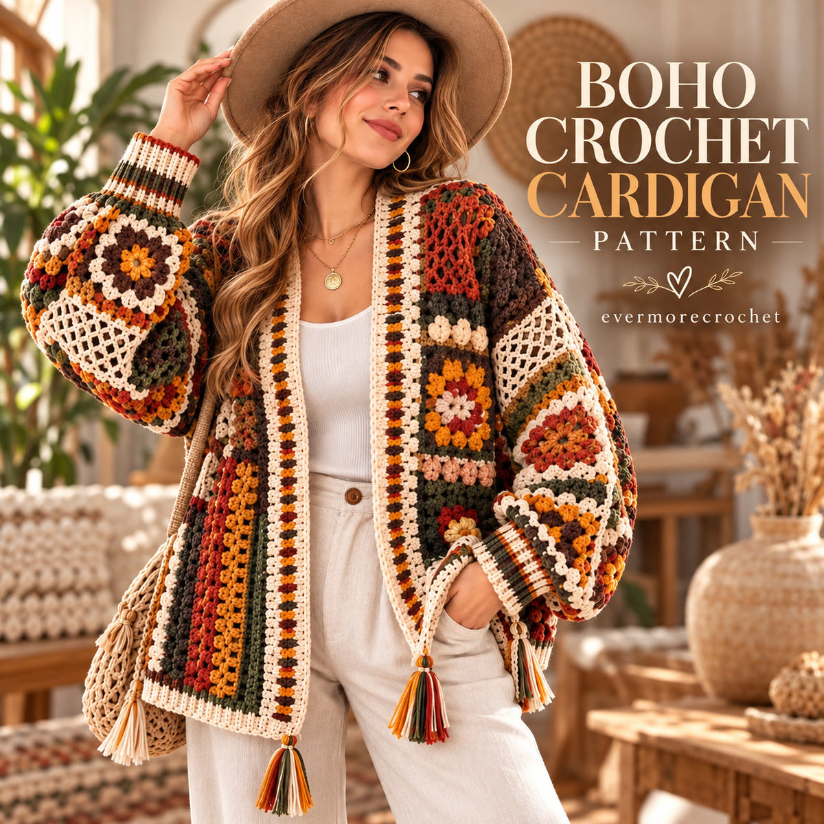 Boho Floral Granny Square Cardigan Crochet Pattern PDF – Lace & Tassel Jacket