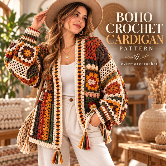 Boho Floral Granny Square Cardigan Crochet Pattern PDF – Lace & Tassel Jacket