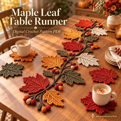 Autumn Maple Leaf Table Runner Crochet Pattern PDF – 6 Coasters Included