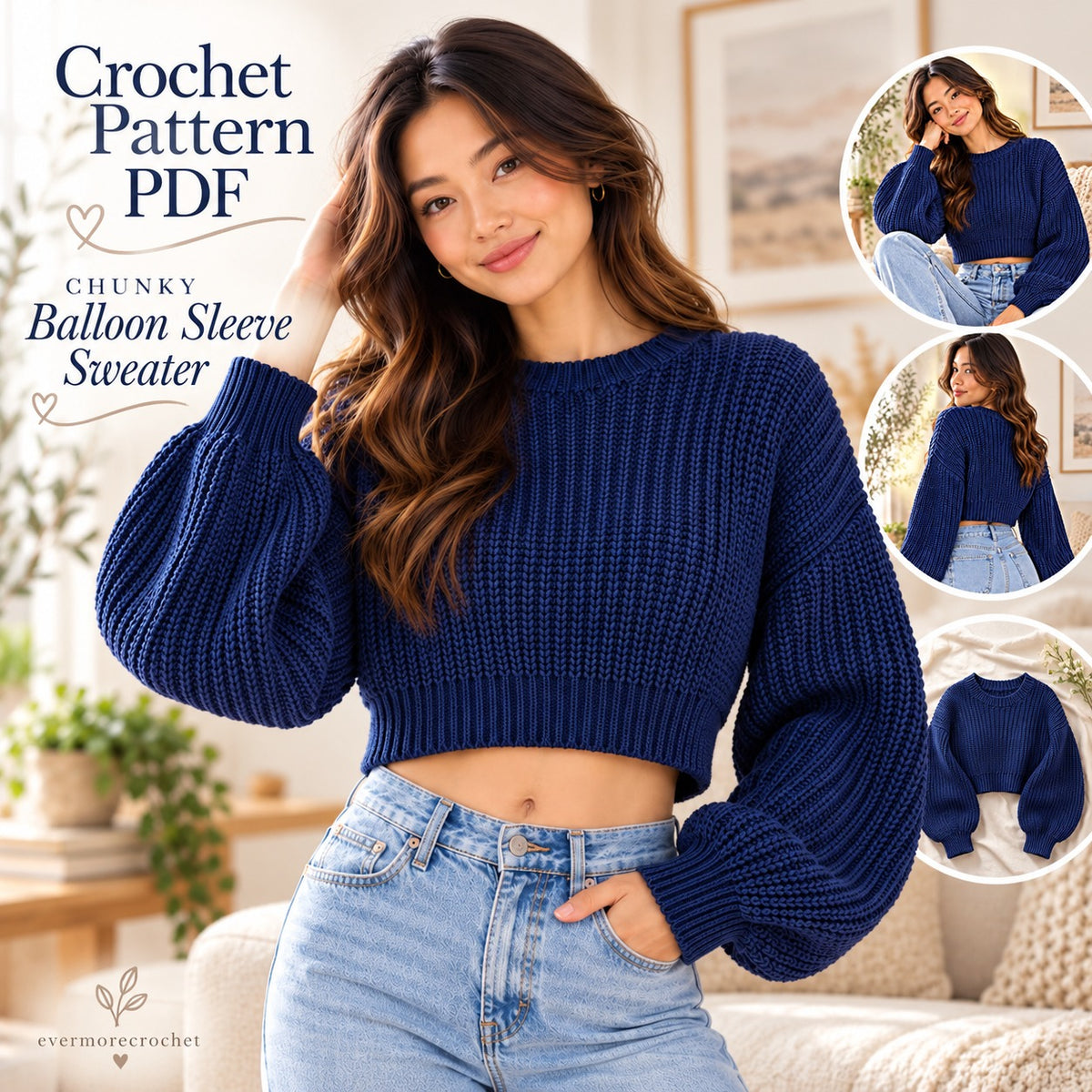 Navy Cloud Crochet Sweater Pattern PDF – Cropped Balloon Sleeve Pullover
