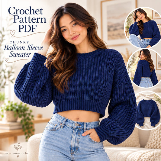 Navy Cloud Crochet Sweater Pattern PDF – Cropped Balloon Sleeve Pullover
