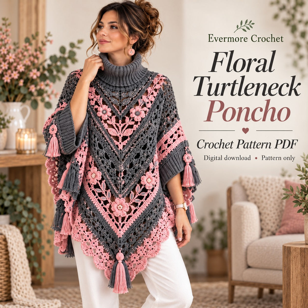 Floral Crochet Poncho Pattern PDF – Boho Cape with 3D Flowers & Tassel Fringe