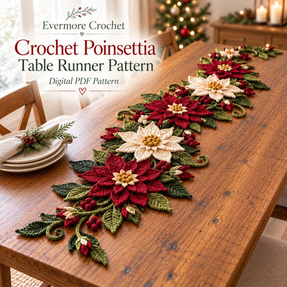 Poinsettia Snowflake Crochet Table Runner Pattern PDF – Christmas Decor