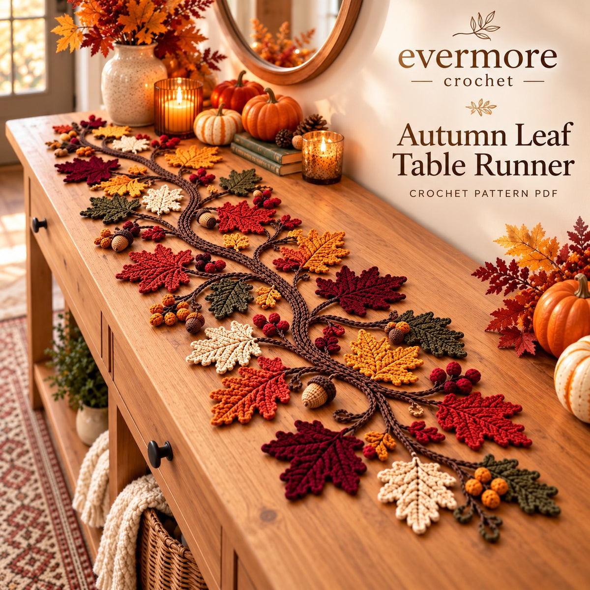 Autumn Leaf Crochet Table Runner Pattern PDF – Maple Leaves, Acorns & Vine