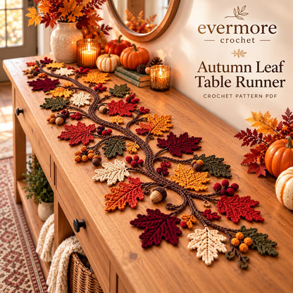 Autumn Leaf Crochet Table Runner Pattern PDF – Maple Leaves, Acorns & Vine