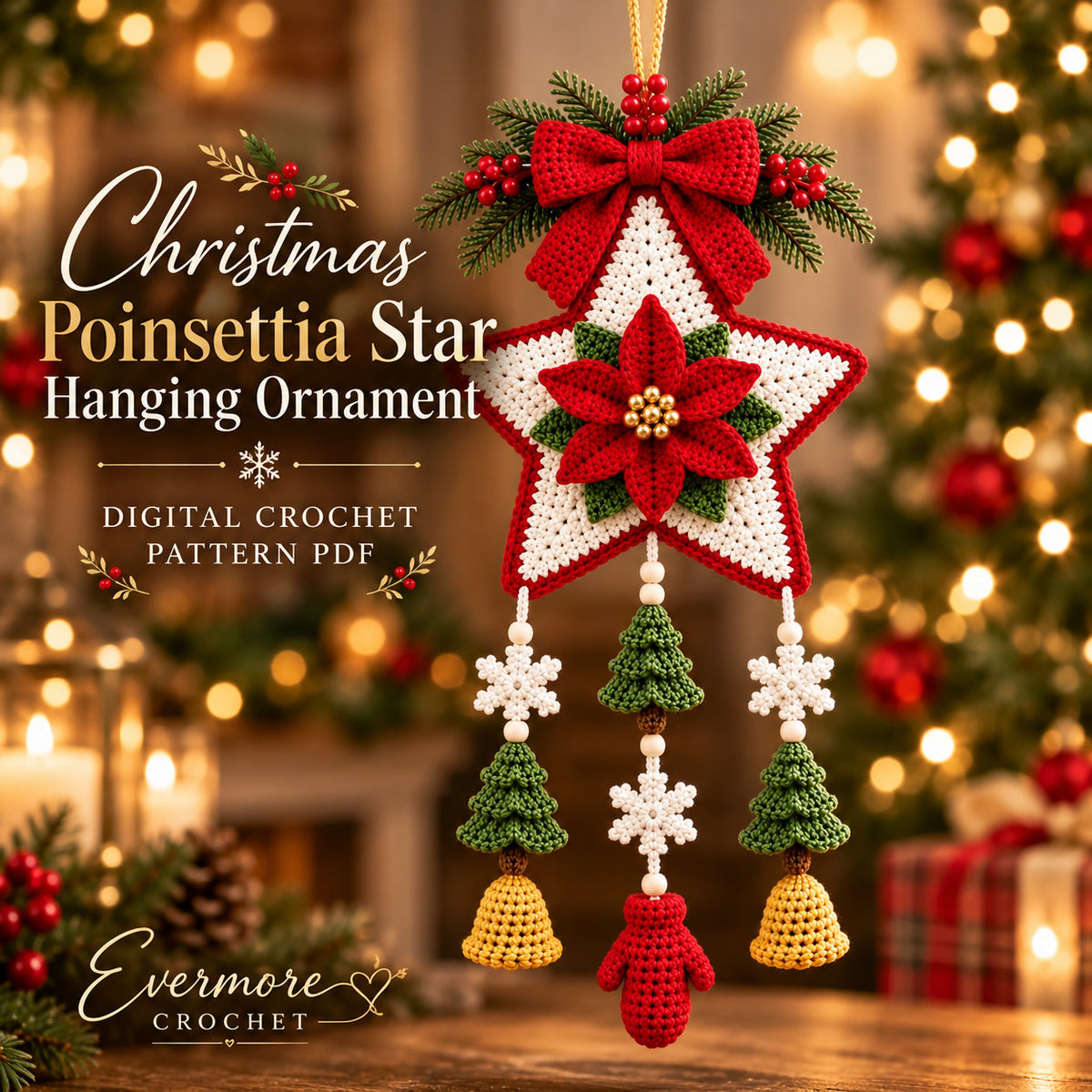 Christmas Hanging Star Ornament Crochet Pattern PDF – Poinsettia & Holiday Motifs