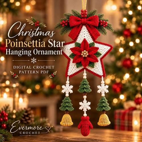 Christmas Hanging Star Ornament Crochet Pattern PDF – Poinsettia & Holiday Motifs