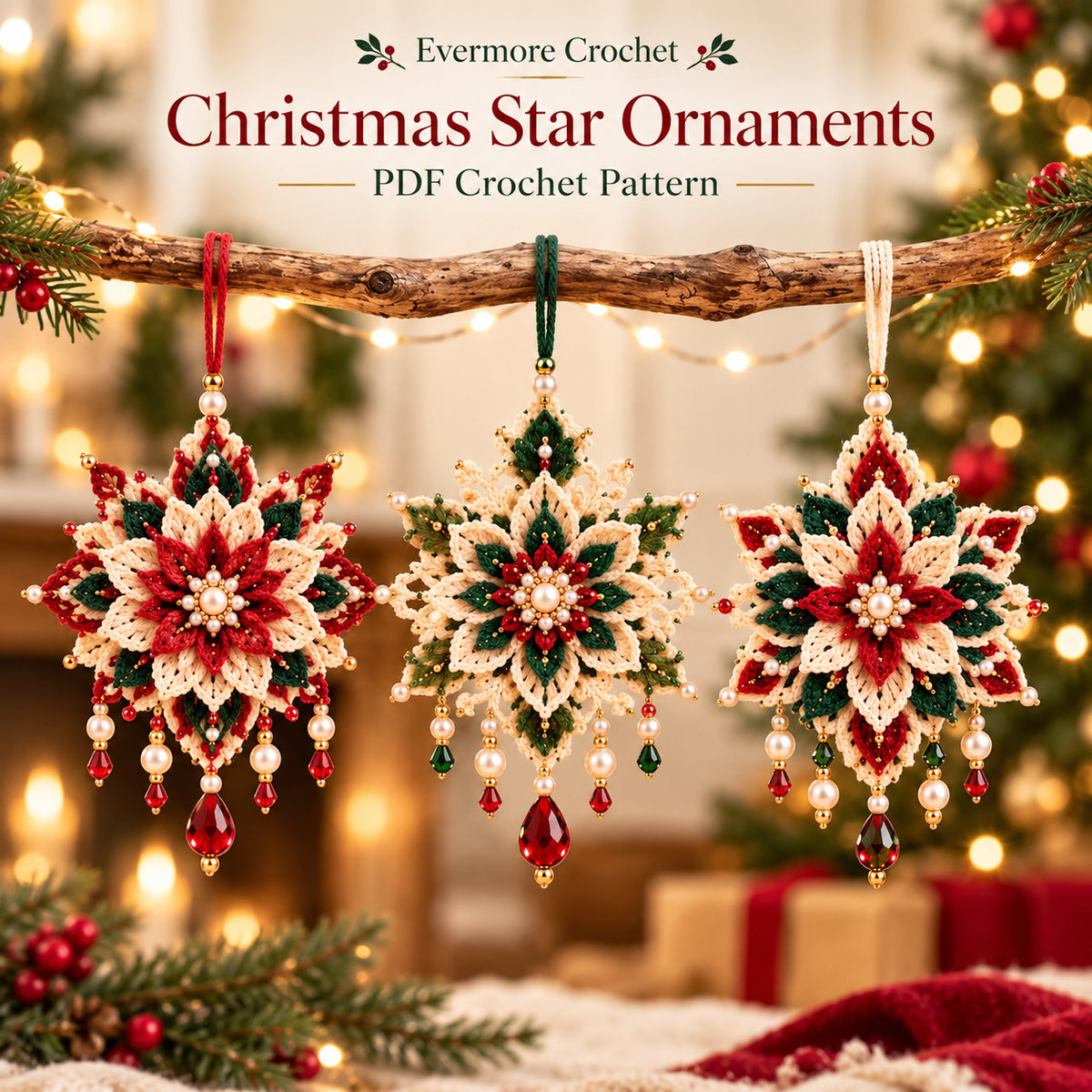 Poinsettia Crochet Ornament Pattern PDF – Set of 3 Beaded Christmas Flowers